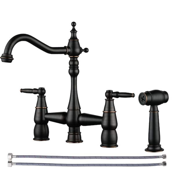 Brass Double Handle Bridge Kitchen Faucet with Side Sprayer in Oil Rubbed Bronze