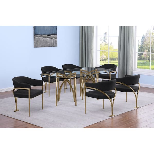 Best Quality Furniture Amelia 7-Piece Clear Tempered Glass Top Gold Chrome Plated Base Dining Set with 6 Black Color Chairs