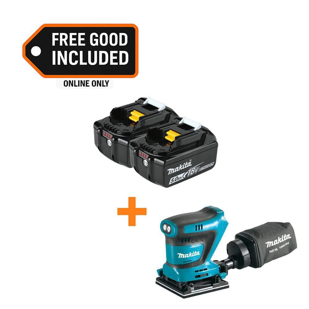 MAKITA 18V LXT Lithium-Ion Battery Pack 5.0 Ah with LED Charge Level (2-Pack) with 18V LXT 1/4 in. Sheet Finishing Sander (BL1850B-2XOB02Z)