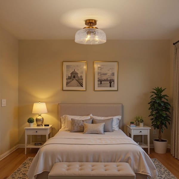 12 in. 3-Light Gold Semi Flush Mount Ceiling Light with Bowl Glass Shade Fixture for Bedroom, Kitchen, Hallway, Porch