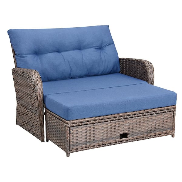 2-Piece Brown Wicker Outdoor Sofa Day Bed Loveseat and Ottoman with CushionGuard Blue Cushions