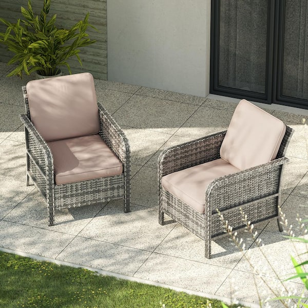 2-Piecess Outdoor Armchair Patio Conversation Set Patio Chairs Gray Wicker with Sand Cushion