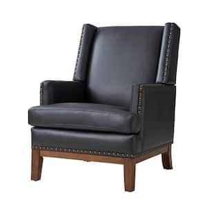 Lourdes Genuine Leather Arm Chair with Solid Wood Frame and Removable Seat Cushion-BLACK