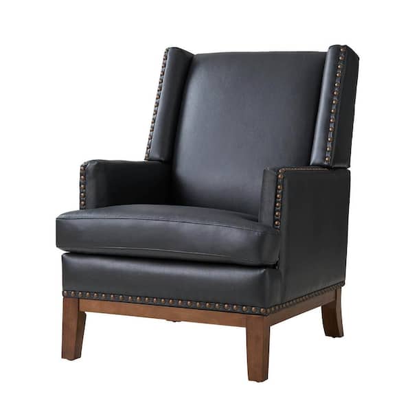 JAYDEN CREATION Lourdes Genuine Leather Arm Chair with Solid Wood Frame and Removable Seat Cushion-BLACK