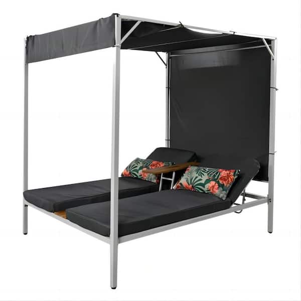 Clihome Adjustable Backrest Chaise Lounge Wicker Outdoor Sunbed Day Bed with Grey Cushions, Tabletop and Sunshade Curtains