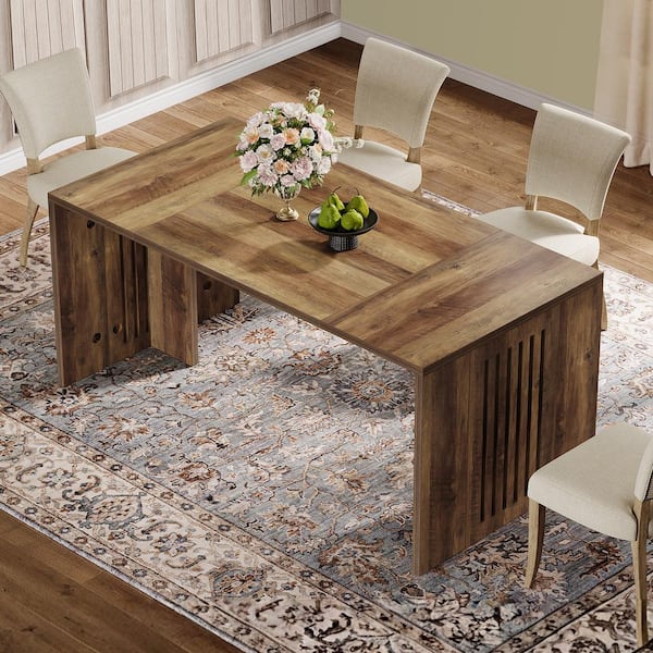 BYBLIGHT Farmhouse Rustic Brown Engineered Wood 63 in. Pedestal Dining Table Seats 4, Kitchen Table for Home