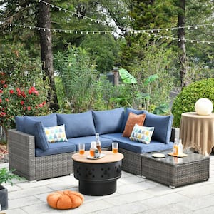 Sanibel Gray 6-Piece Wicker Outdoor Patio Conversation Sofa Set with a Wood-Burning Fire Pit and Denim Blue Cushions