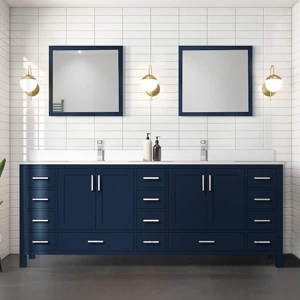Lexora Jacques 84 in. W x 22 in. D Navy Blue Double Freestanding Bath Vanity with White Quartz Top, Faucet, and 34 in. Mirrors