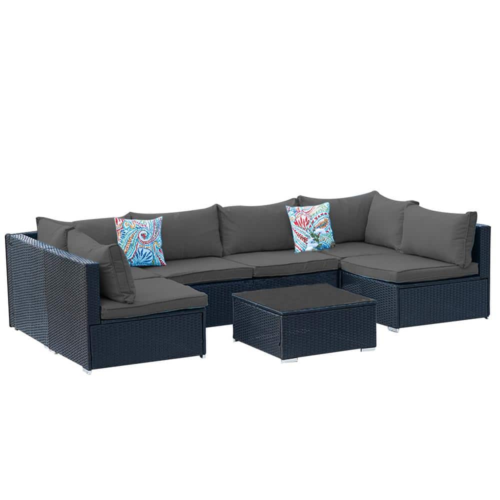 7-Piece Beige Wicker Patio Conversation Set with Cushions