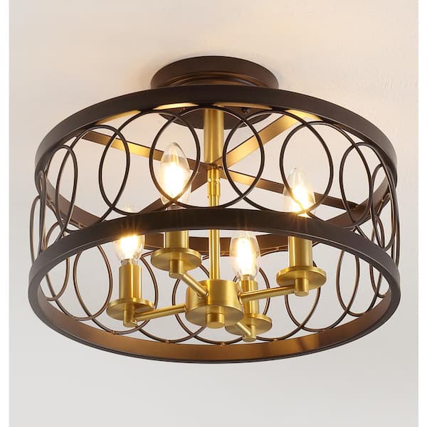 JONATHAN Y Sylvain 15.5 in. Oil Rubbed Bronze/Brass Gold Metal LED Semi- Flush Mount