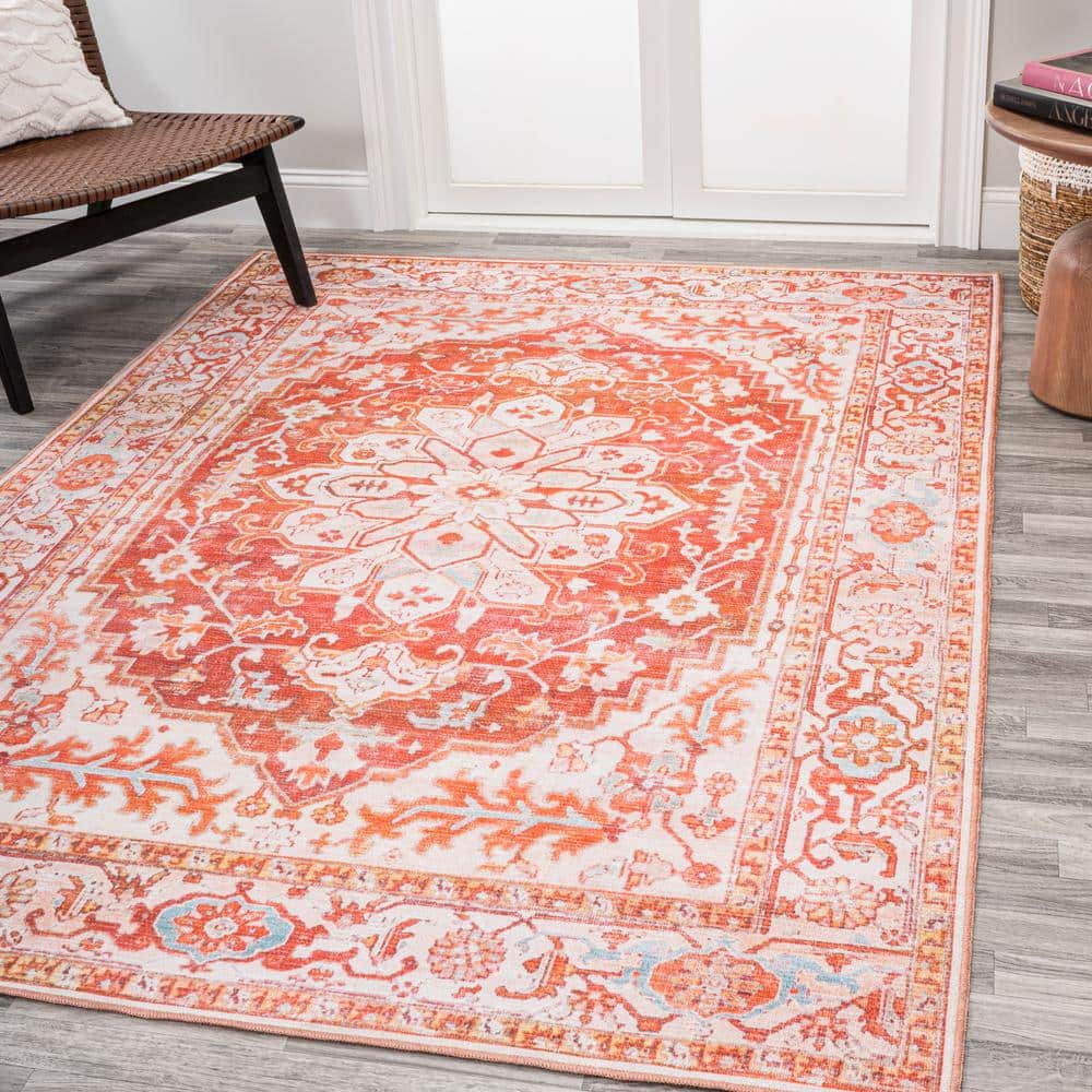 Asa Ornate Medallion Washable Orange and Cream 9' x 12' Synthetic Area Rug
