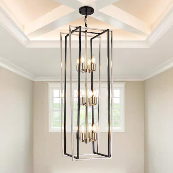 12 Light Modern Chandelier Semi Flush Black and Sliver Ceiling Light Fixture for Dining Room Hallway Entryway Bedroom