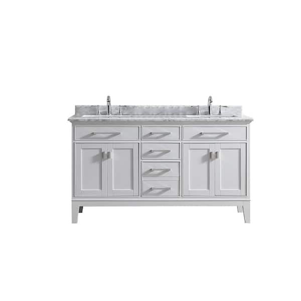 Ari Kitchen and Bath Danny 60 in. W x 22 in. D x 34.5 in H Vanity in White with Marble Vanity Top in Carrara White with White Basin