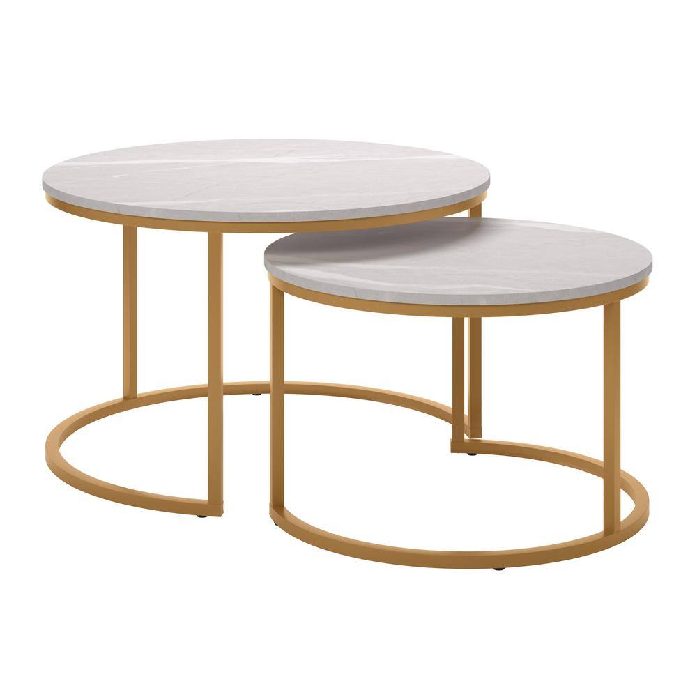 Fort Worth White Marble and Gold Round Nesting Coffee Table Set