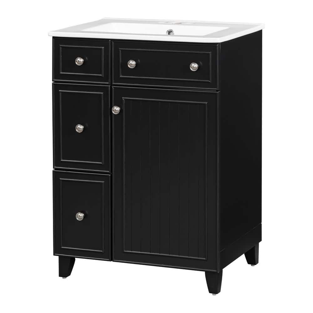 24 in. W Freestanding Bath Vanity in Black with White Ceramic Top