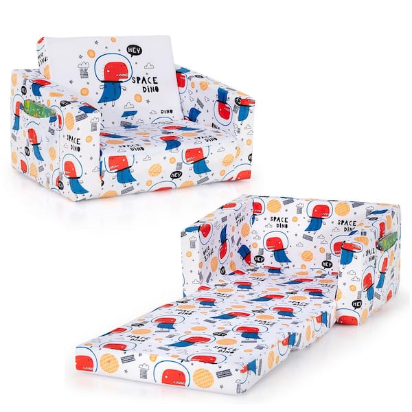 Costway 2-in-1 Convertible White Farbic Kids Sofa to Lounger Flip-Out Chair with Storage Pocket