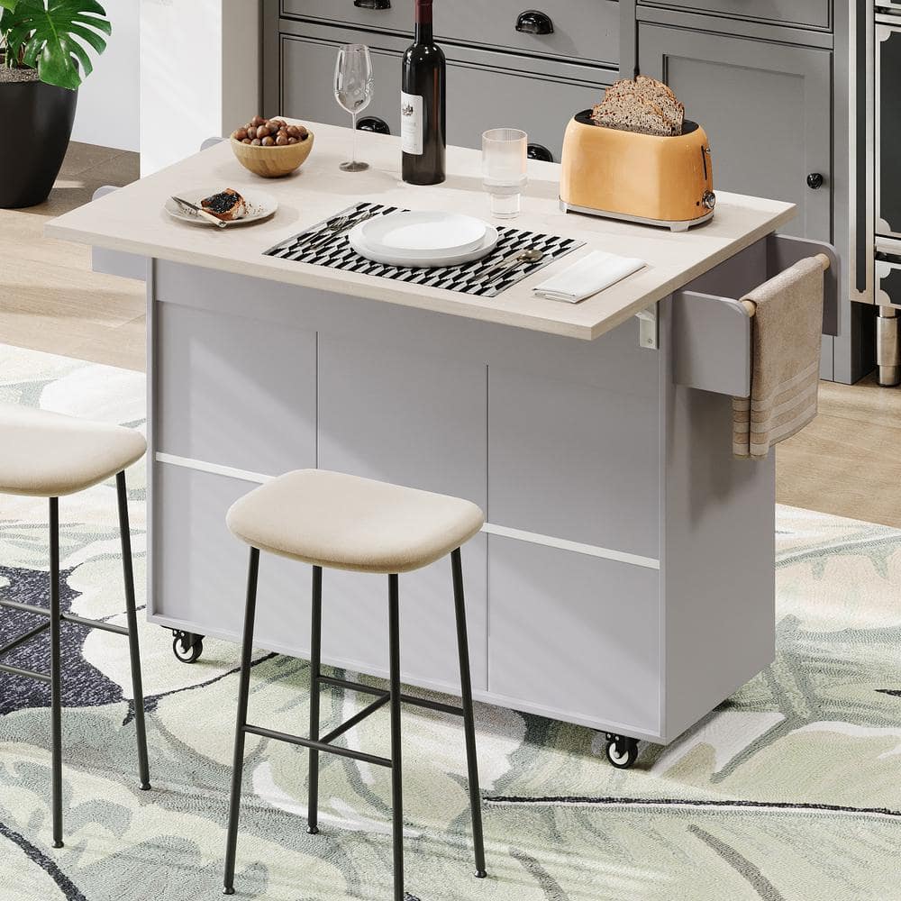 51 in. Gray Rubber Wood Top Kitchen Island Cart with Trash Cabinet, Drop Le