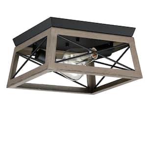12 in. W. 2-Light Flush Mount with Matte Black finish and Anchor Grey Oak accents