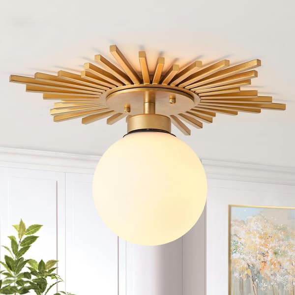 17.72 in. 1-Light Antique Gold Semi-Flush Mount Ceiling Light Fixture with Glass Shade