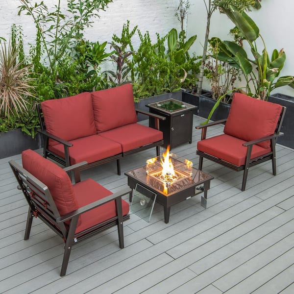 Leisuremod Walbrooke Brown 5-Piece Aluminum Square Patio Fire Pit Set with Red Cushions and Tank Holder
