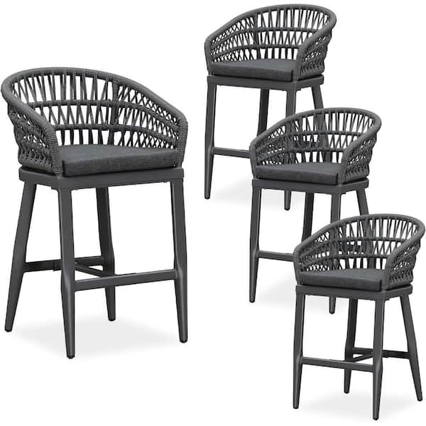 Modern Aluminum Rattan Counter Height Outdoor Bar Stool with Back and Grey Cushion (4-Pack)