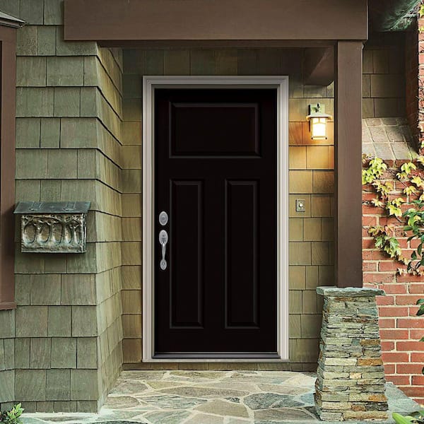 32 in. x 80 in. 3-Panel Craftsman Black Painted Steel Prehung Right-Hand Inswing Front Door w/Brickmould