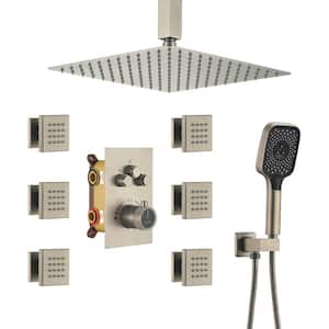 6-Spray Dual Shower Heads Ceiling Mount Fixed and Handheld Shower Head 2.5 GPM in Brushed Nickel 12 in. Thermostatic