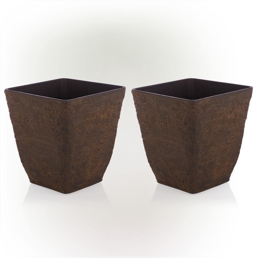 Small, Brown Indoor/Outdoor Stone-Look Resin Squared Planter (Set of 2)