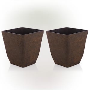 Small, Brown Indoor/Outdoor Stone-Look Resin Squared Planter (Set of 2)