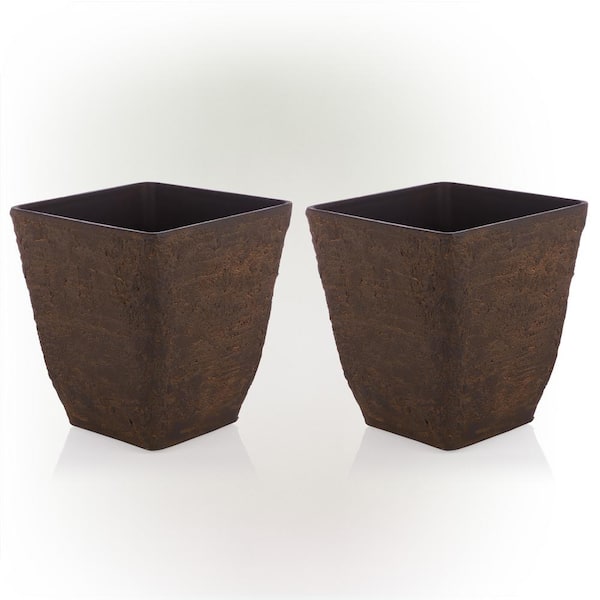 Alpine Corporation Small, Brown Indoor/Outdoor Stone-Look Resin Squared Planter (Set of 2)