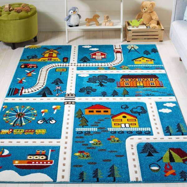 Carousel Kids 2 ft. x 4 ft. Blue/Beige Neighborhood Roads Area Rug