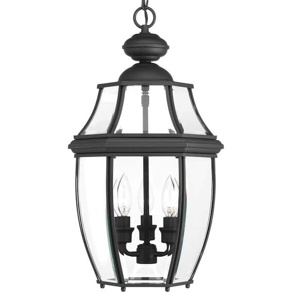 Progress Lighting New Haven Collection 3-Light Textured Black Clear Beveled Glass New Traditional Outdoor Hanging Lantern Light