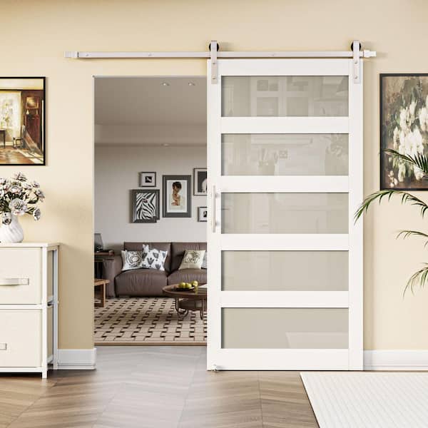 ARK DESIGN 42 in. x 84 in. 5-Lite Frosted Glass White Finished MDF Sliding Barn Door with Hardware Kit Nickel-Plated and Soft Close