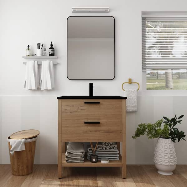 Aoibox 18.30 in. W x 30.00 in. D x 33.75 in. H Plywood Freestanding Bath Vanity Top in Imitative Oak With White Sink