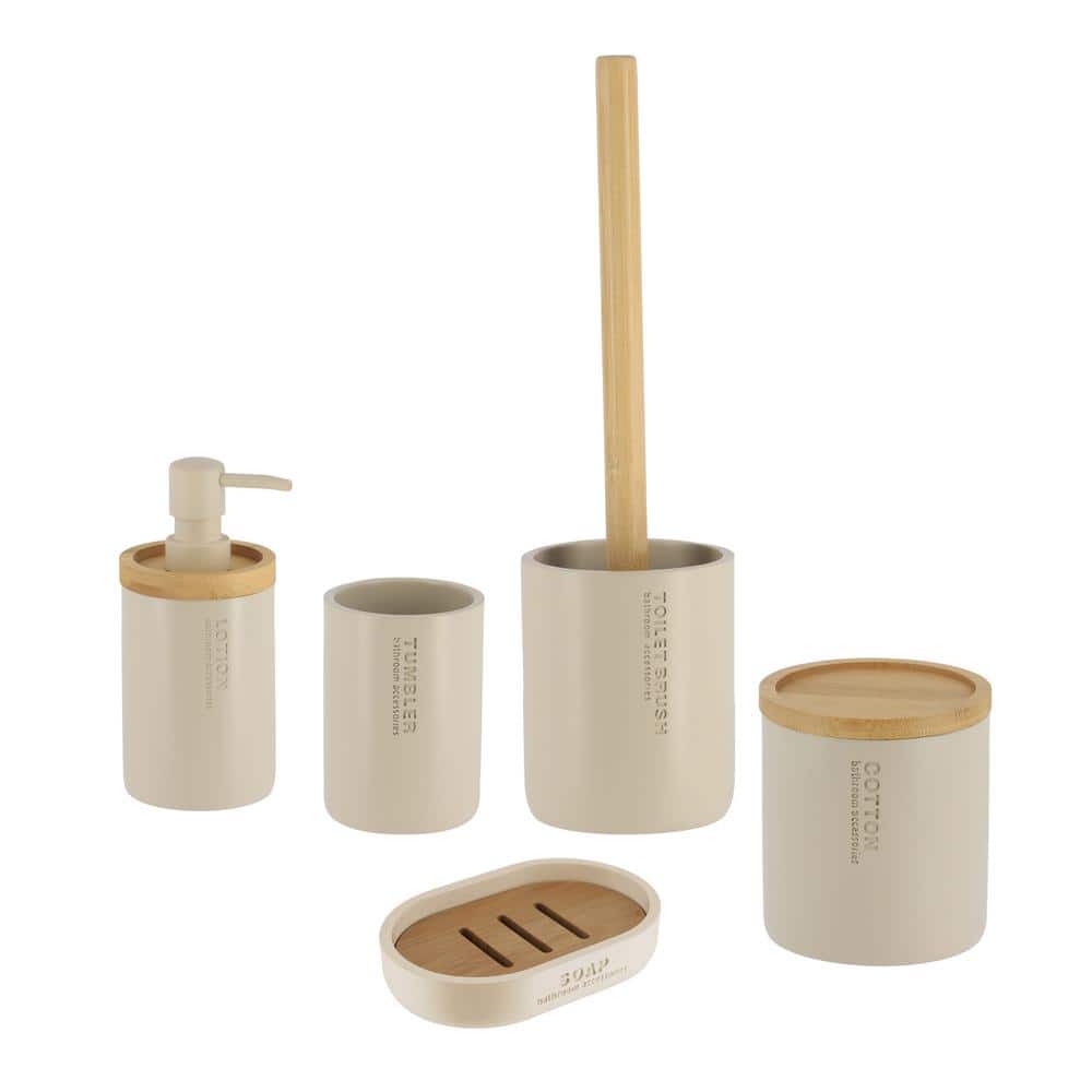 Matte Beige Polyresin Bathroom Tumbler Toothbrush Holder