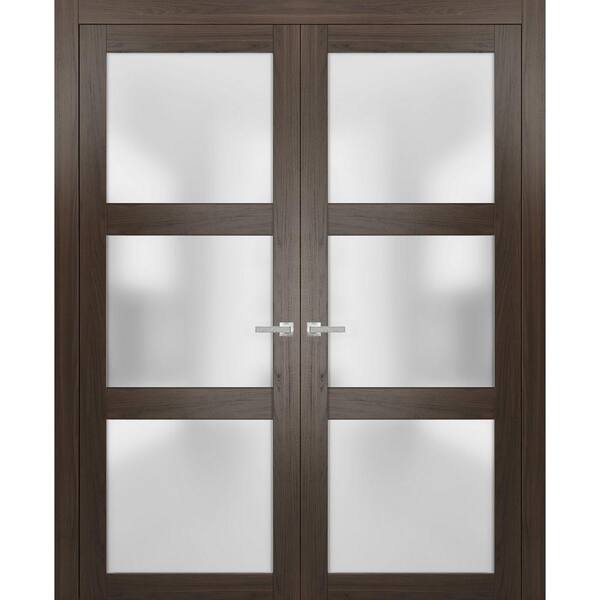 Sartodoors 48 in. x 96 in. Universal Hanling 3-Lite Frosted Glass Solid Brown Finished Pine Wood Interior Door Slab