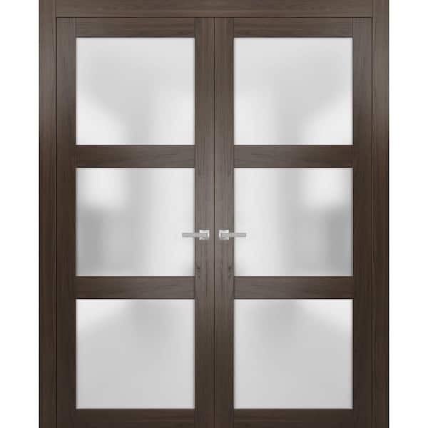 Sartodoors 2552 56 in. x 84 in. Universal Hanling 3-Lite Frosted Glass Solid Brown Finished Pine Wood Interior Door Slab