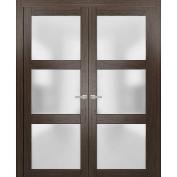 2552 64 in. x 80 in. Universal Hanling 3 Lite Frosted Glass Solid Brown Finished Pine Wood Interior Door Slab