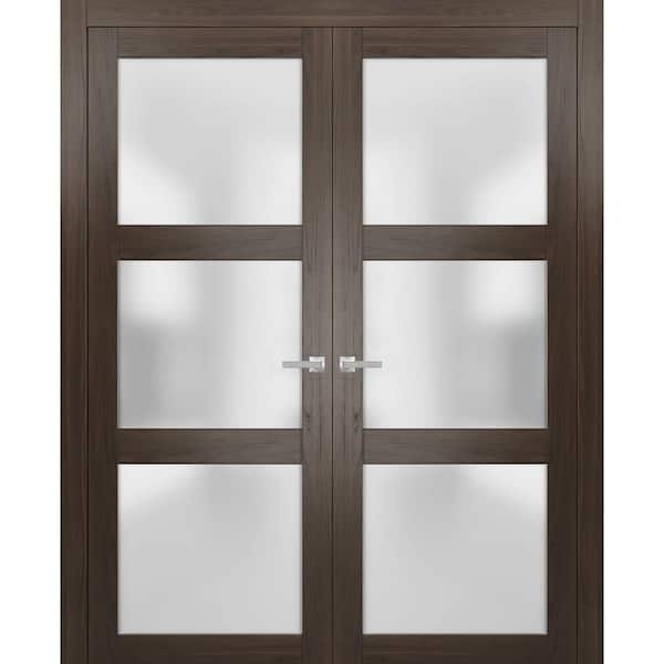 2552 72 in. x 96 in. Universal Hanling 3-Lite Frosted Glass Solid Brown Finished Pine Wood Interior Door Slab