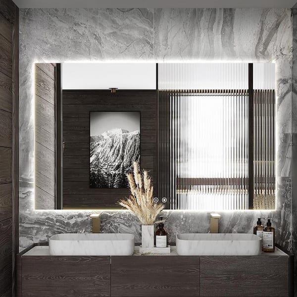 KeonJinn 60 in. W x 36 in. H Rectangular Frameless LED Light 3 Color Dimmable Anti-Fog Wall Bathroom Vanity Mirror with Backlit