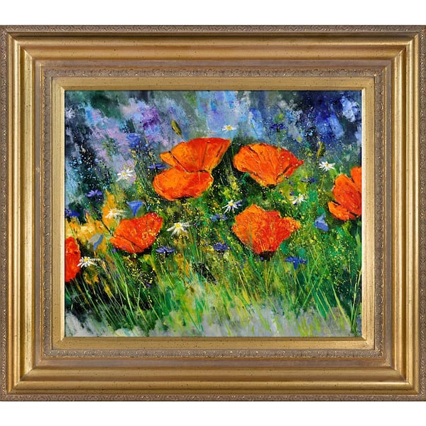 LA PASTICHE 34 in. x 30 in. "Poppies 97 with Mediterranean Gold Frame " by Pol Ledent Framed Canvas Wall Art