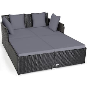 1-piece Wicker Outdoor Day Bed with Pillows and Grey Cushions Patio Sofa Furniture