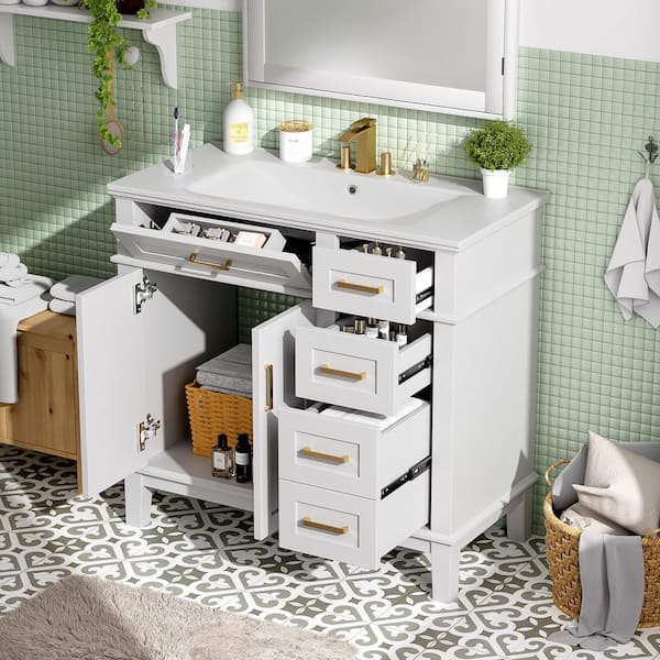 Tenleaf 36 in. W Single Sink Freestanding Bath Vanity in White with White Resin Top and 4 Drawers, Soft Close Doors