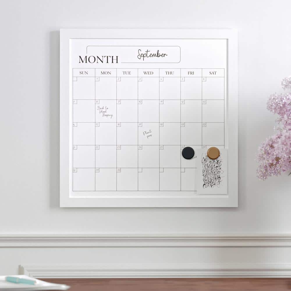 White Woodgrain Magnetic Monthly Dry Erase Calendar with Marker and Magnets