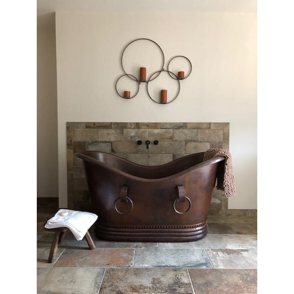 Premier Copper Products 60 in. Hammered Copper Double Slipper Flatbottom Non-Whirlpool Bathtub with Rings in Oil Rubbed Bronze