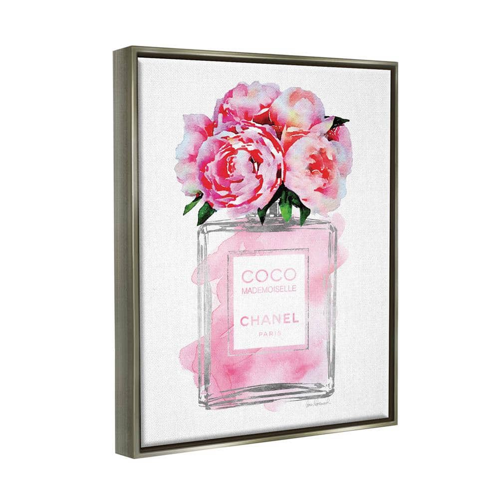 Glam Perfume Bottle Flower Print on Gray Framed Canvas, 17x21