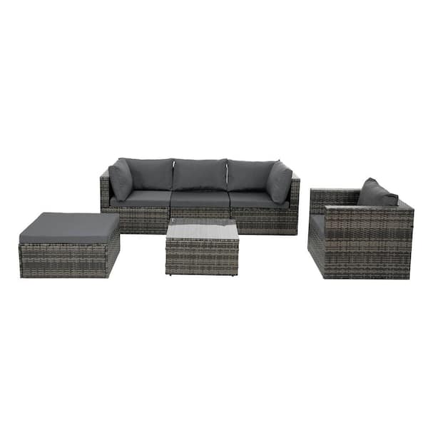 Tunearary 6-Piece Outdoor Patio PE Wicker Conversation Set Furniture Set with Gray Cushion Cushion and Tempered Glass Coffee Table