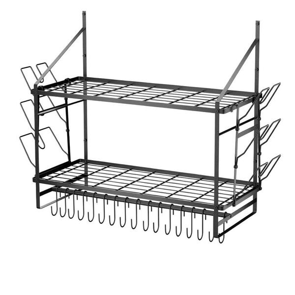 30 in. 2-Tier Black Wall Mounted Pot Rack, Pot and Pan Hanger with 2-Pieces Pans Lids Organizer and 16-Hooks
