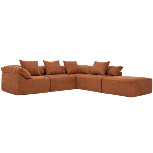 Luxury 142 in. W Pillow Top Arm 5-piece L-Shaped Chenille Modular Sectional Sofa in. Orange with Ottoman