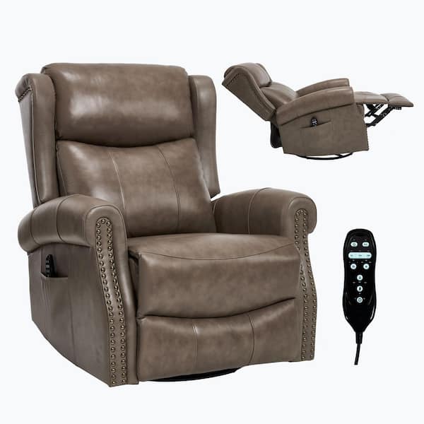 Gray Genuine Leather Swivel Rocker Manual Recliner with Heat and Massage